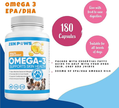 Omega 3 Fish Oil for Dogs - 180 Count Tablet Treats – Helps Shedding, Skin Allergy, Itch and Dry Skin Relief, Hot Spots - Joint Health - Skin and Coat Supplement - Salmon Oil - Duck Flavor