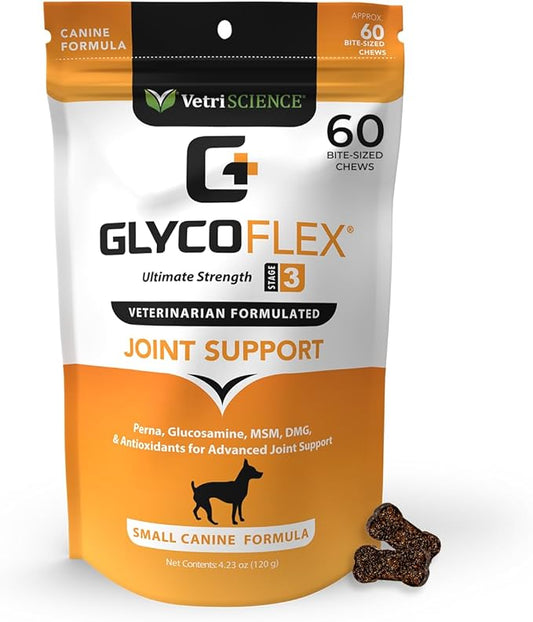 VetriScience Glycoflex 3 Clinically Proven Hip and Joint Support Supplement for Small Dogs - Maximum Strength Dog Supplement with Glucosamine, MSM, Green Lipped Mussel & DMG - 60 Chews,Chicken Flavor