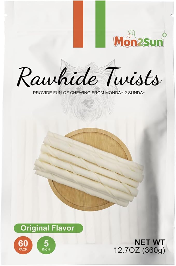 MON2SUN Dog Rawhide Twist Sticks Natural 5 Inch Thin Sticks Rawhide Chews Dog Treats for Puppy and Small Dogs 60 Count