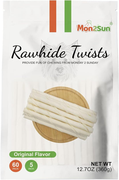 MON2SUN Dog Rawhide Twist Sticks Natural 5 Inch Thin Sticks Rawhide Chews Dog Treats for Puppy and Small Dogs 60 Count