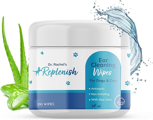 Replenish Cat and Dog Ear Cleaning Wipes - Dr. Rachel's Gentle Cleansing Wipes, Cucumber Melon Scent, Aloe Vera-Infused, 100 Count