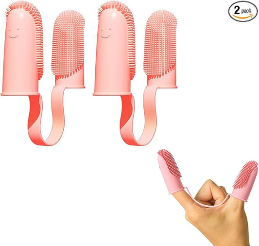 Pet Finger Toothbrush Kit, 2 Pack Dog Double-Finger Toothbrush Kit, 135ºSurround Bristles for Easy Teeth Cleaning for Pets, Double-Finger Toothbrush Dental Care for Puppies, Dogs Cats-Pink