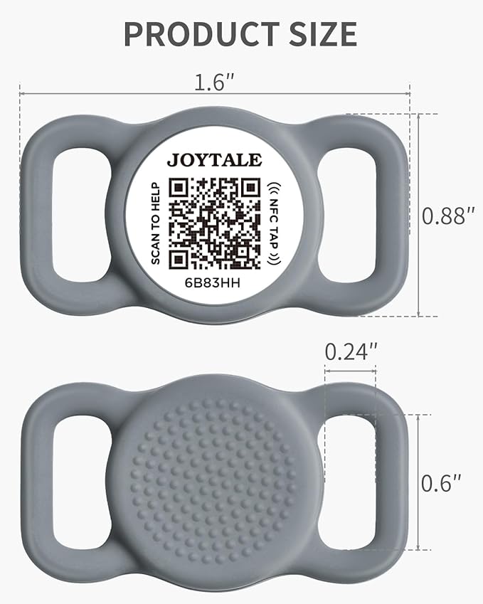 Joytale [ NO APP Required ] Silent Silicone QR Code Dog Tag, Slide On Dog Tags for 3/8-5/8 Inch Wide Collars or Vest, NFC Pet Online Profile, Scan QR to Send Location Alert Email, Gray, S