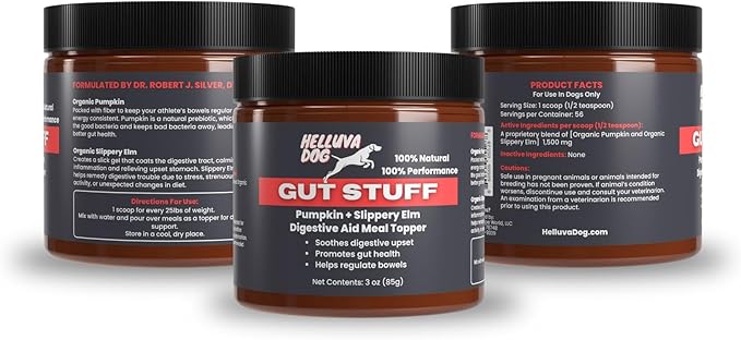 GUT STUFF by Helluva Dog — Digestive Aid Meal Topper for Active Sporting Dogs — Pumpkin & Slippery Elm for Dog's Upset Stomach & Better Gut Health, Packed with Fiber - 3oz