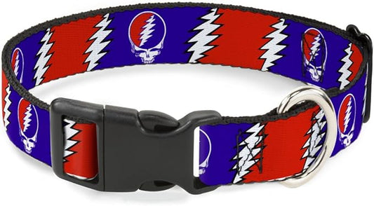 Buckle-Down Plastic Clip Collar - Steal Your Face w/Lightning Bolt Repeat Red/White/Blue - 1/2" Wide - Fits 9-15" Neck - Large