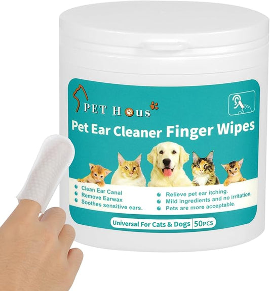 Dog Ear Wipes.Ear Cleansing Finger Wipes for Cats & Rabbit | Sooths & Deodorizes |Grooming Kit Care for Pets Ears. 50 Disposable Wipes.