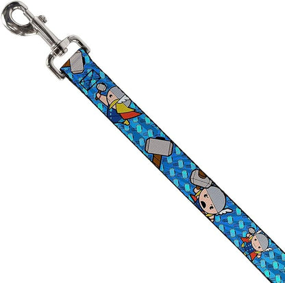 Buckle-Down Pet Leash - Kawaii Thor Poses/Hammer Monogram Blues - 4 Feet Long - 1/2" Wide