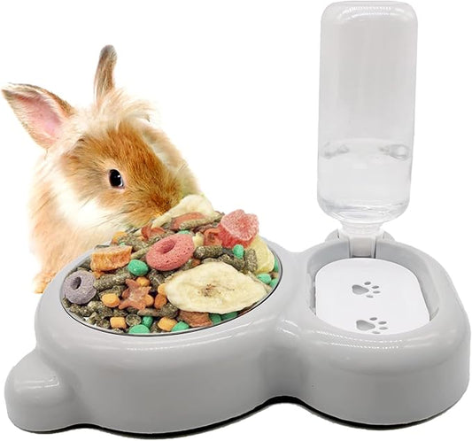 Tfwadmx Pet Double Dishes Rabbit Food Water Dispenser Set Cat Self Filling Bowls No Spill Dog Automatic Waterer Bottle Anti Gravity Feeder Cute Detachable Stainless Steel Bowl for Kitten Puppy Bunny