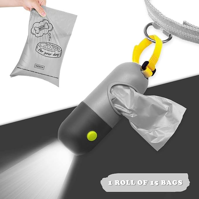 Dog Poop Bag Dispenser with Flashlight|Dog Poop Bag Holder with Leash Clip|Hands-Free Leash Poop Bag Holder with Straps and 1 Roll Dog Waste Bags (Gray)
