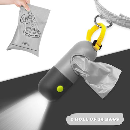 Dog Poop Bag Dispenser with Flashlight|Dog Poop Bag Holder with Leash Clip|Hands-Free Leash Poop Bag Holder with Straps and 1 Roll Dog Waste Bags (Gray)