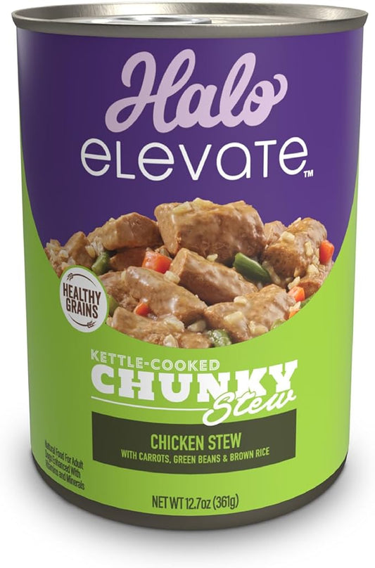 Halo Elevate Wet Dog Food, Kettle Cooked Chunky Healthy Grains Chicken Stew with Carrots, Green Beans & Brown Rice, 12.7oz (Pack of 6)