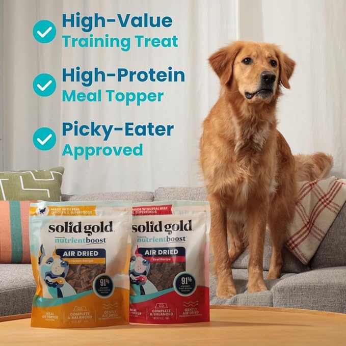 Solid Gold Air Dried Dog Food Toppers for Picky Eaters - Healthy Dog Treats Made with Real Beef to Serve as Meal Topper or Dog Treat - Supports Muscle Growth, Immunity, and Healthy Digestion - 4 oz