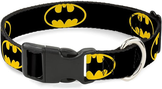 Buckle-Down Plastic Clip Collar - Batman Shield Black/Yellow - 1" Wide - Fits 15-26" Neck - Large