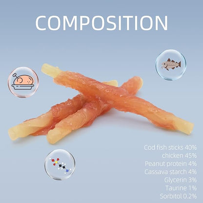 ASMPET Dog Treats Small Dogs, Chicken Wrapped Cod Fish Rich in Omega3 Rawhide Free Grain Free All Natural Dog Treats Healthy for Medium Large Dogs Training Dog Chews (15pcs,10.6oz)