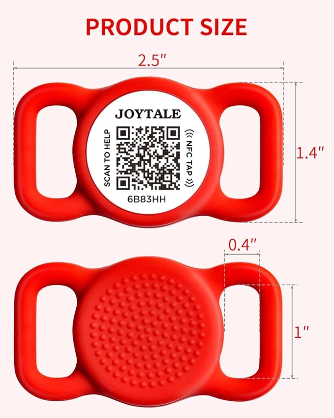 Joytale [ NO APP Required ] Silent Silicone QR Code Dog Tag, Slide On Dog Tags for 1 Inch Wide Collars or Vest, NFC Pet Online Profile, Scan QR to Send Location Alert Email, Red, M