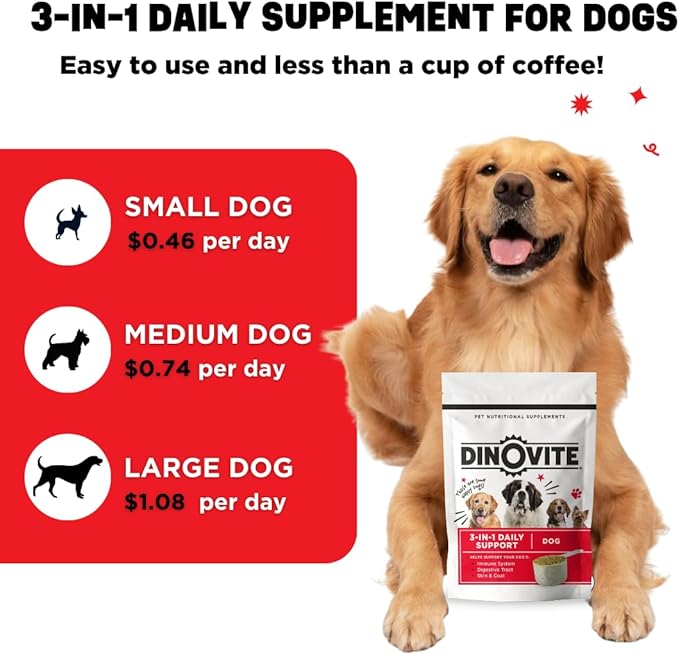 Dinovite Probiotics for Dogs – Promotes Healthy Skin & Coat with Omega 3 for Dogs, Tackles Hot Spots, Supports Digestion & Gut Health – 90 Day Supply for Large Dogs, 45+ lbs