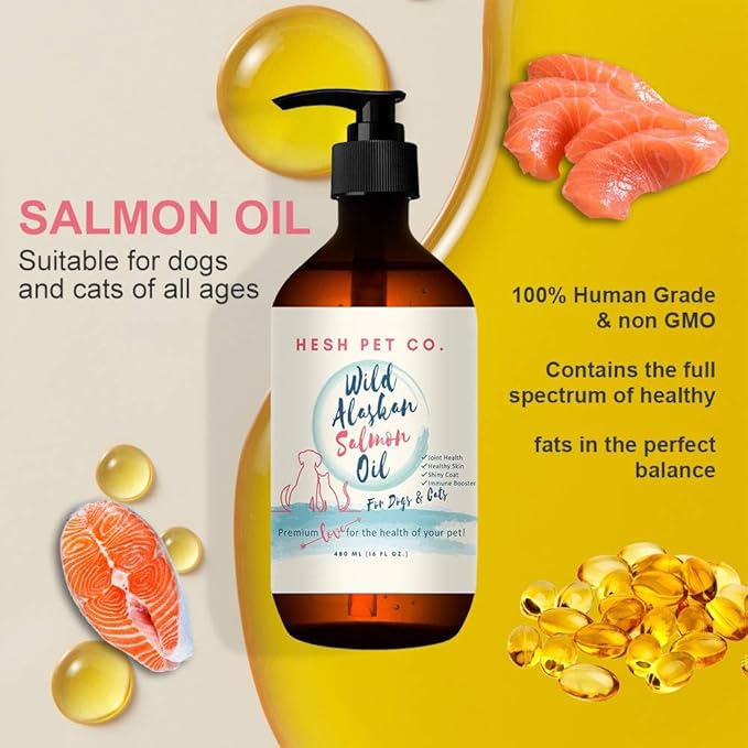 Premium Wild Alaskan Salmon Oil for Dogs & Cats 16oz Skin & Coat Natural Liquid Food Supplement for Pets, Fish Oil, Omega 3, EPA + DHA Fatty Acids for Joint Function, Immune & Heart Health!