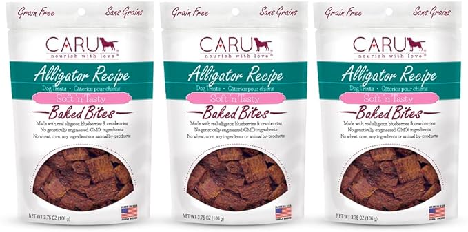Caru - Soft n’ Tasty Baked Bites - Alligator Bites Dog Treats - Flavorful Training Treats - 3.75 oz bags - Pack of 3