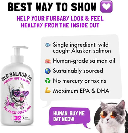 Wild Alaskan Salmon Oil for Dogs & Cats - Pure Fish Omega 3 6 9 Liquid EPA DHA Fatty Acids - Skin & Coat Supplement - Supports Joint Function, Brain, Eye, Immune & Heart Health - Made in USA 32 oz