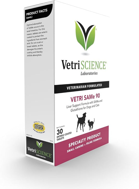 VetriScience Vetri SAMe Liver Supplements for Dogs & Cats, 90mg - 1-Month Supply (30 Tablets) - SAM-e Supplement with Glutathione Supports Liver Health, Function & Detox