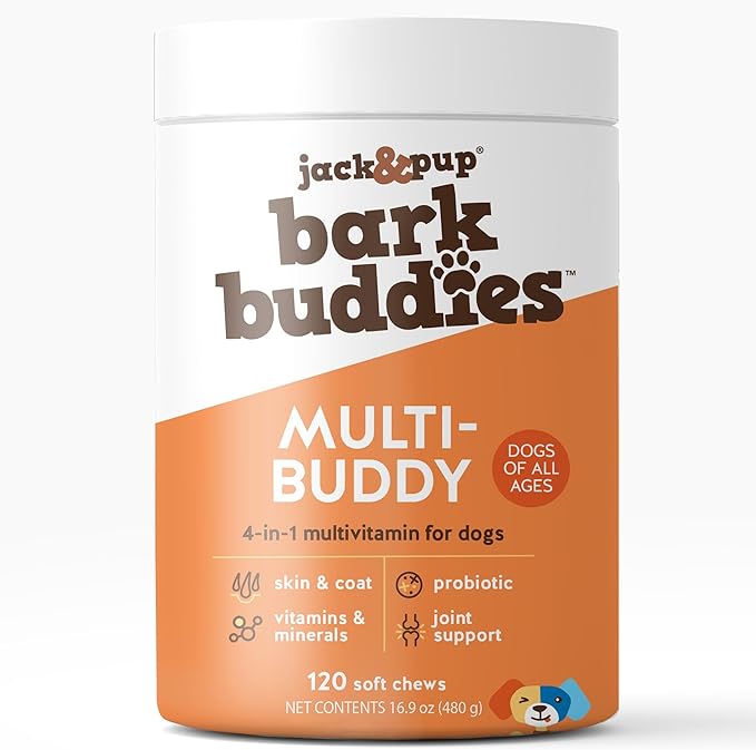 Jack&Pup Dog Multivitamin | Bark Buddies Dog Vitamins and Supplements for Senior Dogs to Puppies | Daily Dog Multivitamins Chewable for Immunity, Joint, Digestion, Skin and Coat Health (120ct)