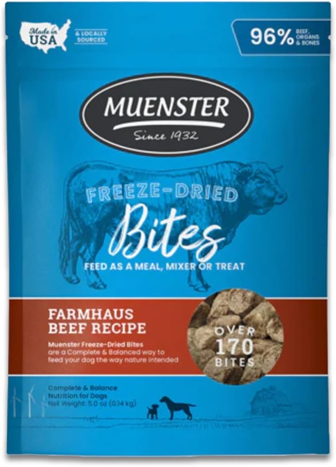 Muenster Freeze Dried Dog Food Topper Bites (5oz) - Farmhaus Beef Freeze Dried Raw Dog Food w/Organic Minerals - Beef & Organ Meats Meal Toppers for Dogs - Freeze Dried Dog Treats for Training