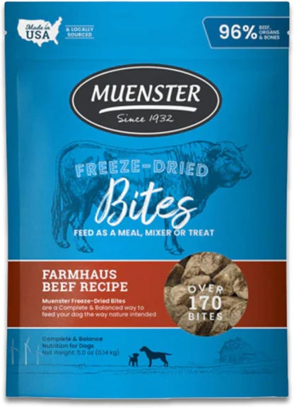Muenster Freeze Dried Dog Food Topper Bites (5oz) - Farmhaus Beef Freeze Dried Raw Dog Food w/Organic Minerals - Beef & Organ Meats Meal Toppers for Dogs - Freeze Dried Dog Treats for Training