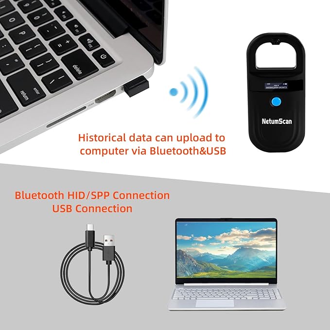 NetumScan Bluetooth Pet Microchip Reader Scanner, RFID EMID Handheld Pet Chip ID Scanner Rechargeable Data Storage Animal Tag Scanner with Stable OLED Display for ISO 11784/11785,FDX-B and ID64 RFID
