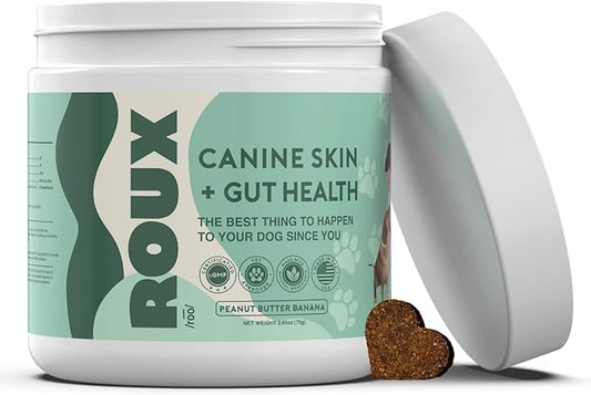 Roux Probiotic & Multivitamin Chew for Dogs - Support Gut Health, Healthy Joints & Seasonal Allergies - Digestive Enzymes & Omega-3s to Prevent Itchy Skin/Ears (Dogs Over 60 Lbs, Made in US, 60ct)