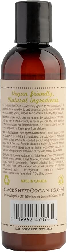 Natural Dog Ear Cleaner Solution - Dog Itchy Ears Treatment - Eliminates Odor & Waxy Buildup - Gentle Dog Ear Wash Formula - Made in Canda by Black Sheep Organics (4 fl oz)