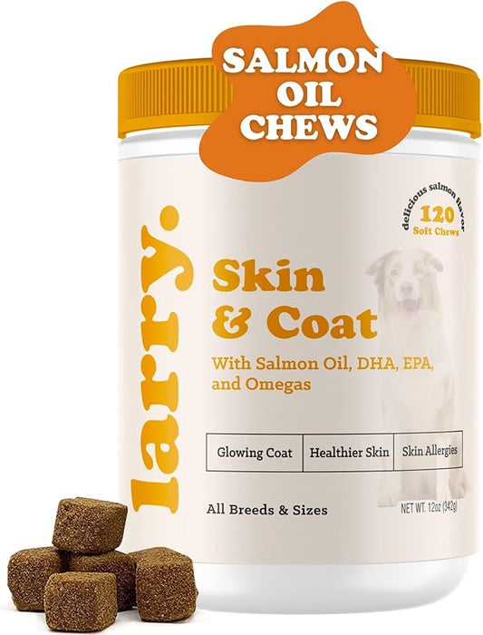 Salmon Oil for Dogs Skin and Coat by Larry | Dog Supplements for Itchy Skin & Allergy Relief | Omega 3, 4, DHA, & EPA for Skin, Coat, Bone, & Joint Health | for All Breeds & Sizes, (120 Soft Chews)