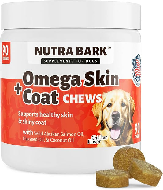 Omega Skin + Coat Chews for Dogs | with Wild Alaskan Salmon Oil | Flaxseed Oil | Coconut Oil | for Healthy Skin and Coat | Itch Relief for Dogs with Allergies | 90 Soft Chews