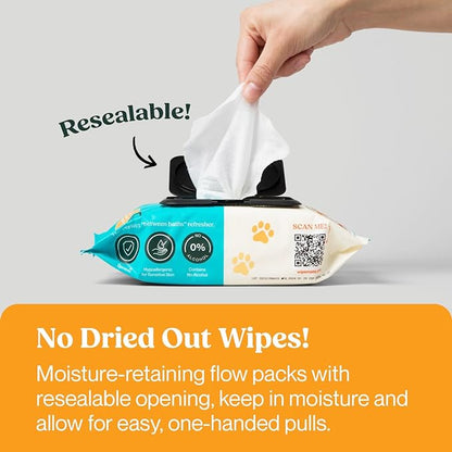 Premium Dog & Cat Pet Wipes, Cleans Pet Paws, Ears, Fur, Butt, & Anal Gland, No-Rinse Solution, Gentle, Deodorizing, Hypoallergenic - Unscented 100 ct