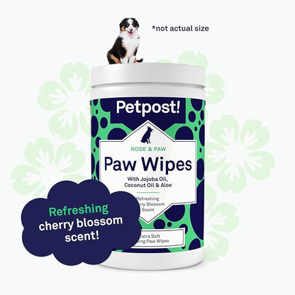 Petpost | Paw Wipes for Dogs - Nourishing, Revitalizing Dog Paw Cleaner with Coconut Oil, Jojoba Oil, and Aloe - Ultra Soft Cotton Pads - Cherry Blossom Scent 70 ct.