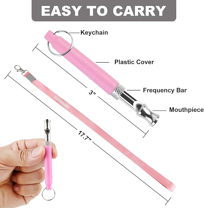Pet Training Clicker, Whistle -Training Behaviour Aids Accessories for Puppies with Lanyard - Barking Control Device - Long Range Adjustable Frequency - Pack of 3 - Pink