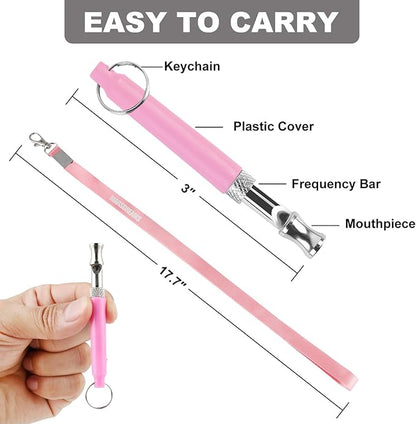 Pet Training Clicker, Whistle -Training Behaviour Aids Accessories for Puppies with Lanyard - Barking Control Device - Long Range Adjustable Frequency - Pack of 3 - Pink