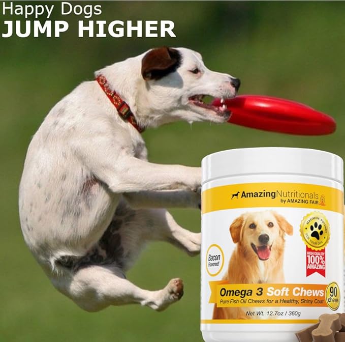 Amazing Omega 3 Fish Oil for Dogs - Omega 3 for Dogs Shedding and Itchy Skin Relief for Dog Dry Skin and Hot Spots, EPA and DHA Fatty Acids, Dog Skin and Coat Supplement - 90 Bacon Soft Chews