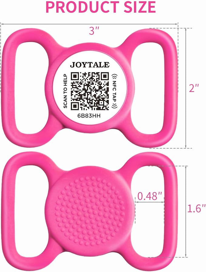 Joytale [ NO APP Required ] Silent Silicone QR Code Dog Tag, Slide On Dog Tags for 1.2-1.6Inch Collars or Vest, NFC Pet Online Profile, Scan QR to Send Location Alert Email, Hot Pink, L