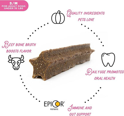 Dental+ Sticks for Dogs Under 35 lbs- Gut Support, with Beef Bone Broth, All Natural, EpiCor postbiotic, Made in The USA, Dental+ Bag, S/M - 7 oz.