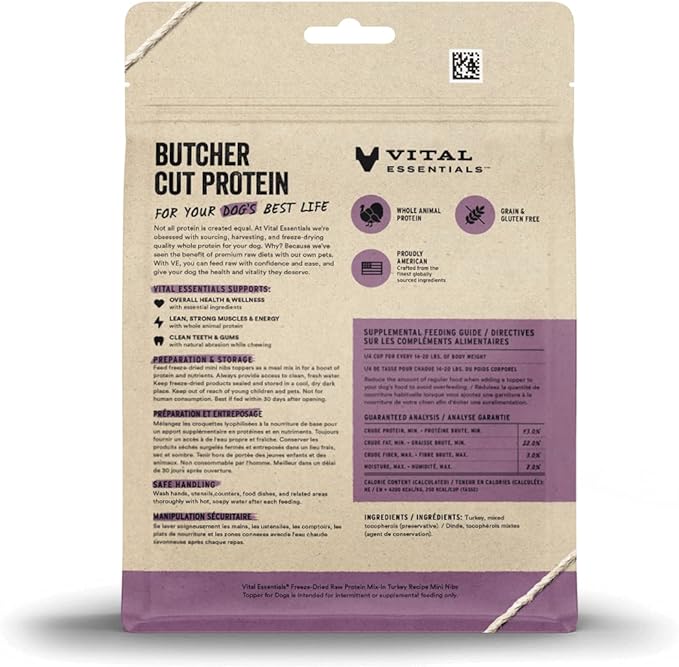 Vital Essentials Freeze Dried Raw Protein Mix-in Dog Food Topper, Turkey Mini Nibs Topper for Dogs, 6 oz