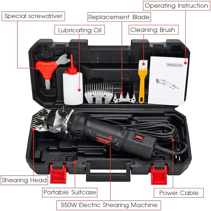 Sheep Shears Electric 550W - Upgraded Professional Sheep Clippers One Blade, 6 Speed Heavy Duty Livestock Haircut for Grooming Sheep Goats Large Dog Thick Coats Animals No Lubricant(Black)