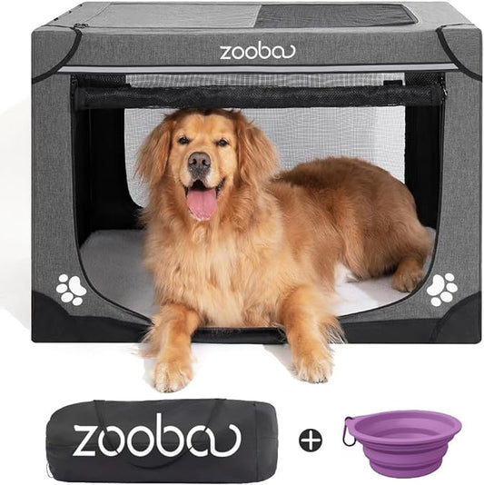 36" Portable Soft Dog Crate for Large Dogs - Collapsible Travel Kennel with Carry Bag, Foldable Cage with Durable Textilene Mesh Door, Plush Bed - Ideal for Home or Travel - Charcoal Gray