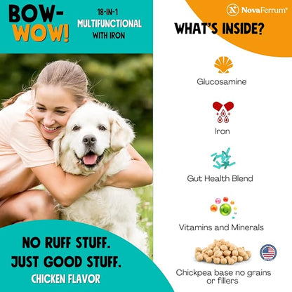 NovaFerrum Bow Wow | 18-in-1 Multifunctional with Iron Supplement for Dogs | Blood Support for Anemia | Glucosamine | Probiotics | Antioxidants | Chicken Flavor | 90 Chews