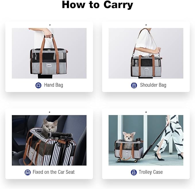 Cat Carier with Wheels, Lekesky Dog Carrier Airline Approved Rolling Pet Carrier with Telescopic Handle and Shoulder Strap, Striped