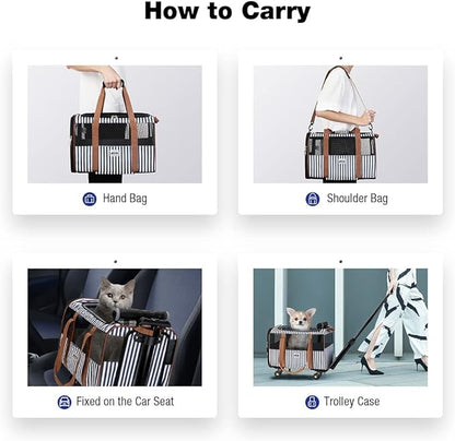Cat Carier with Wheels, Lekesky Dog Carrier Airline Approved Rolling Pet Carrier with Telescopic Handle and Shoulder Strap, Striped