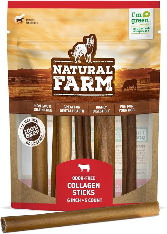 Natural Farm Collagen Sticks 6-Inch Dog Chews - Odor-Free, 95% Natural Collagen Supports Healthy Joints, Skin & Coat - Small, Medium Dogs – Lasts 20% More (6 inch, 5 pack)