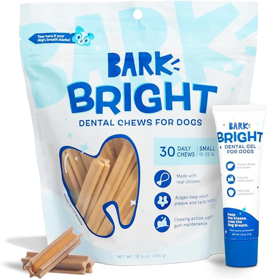 Bark Bright Original Dental Kit - Dog Tooth Brushing Treatment with Teeth Cleaning Chew Sticks & Toothpaste - Plaque & Tartar Remover for Cleaner Teeth & Fresh Breath - Small Breeds - 30 Chews