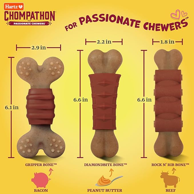 Hartz New Chompathon Gripper Bone Dog Chew Toy for Aggressive Chewers, Double Layered Flavored with Chicken & Bacon