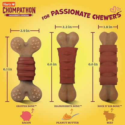 Hartz New Chompathon Gripper Bone Dog Chew Toy for Aggressive Chewers, Double Layered Flavored with Chicken & Bacon