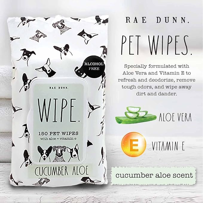 Rae Dunn Pet Wipes, Alcohol Free with Aloe and Vitamin E, Cucumber Aloe, 150 Count